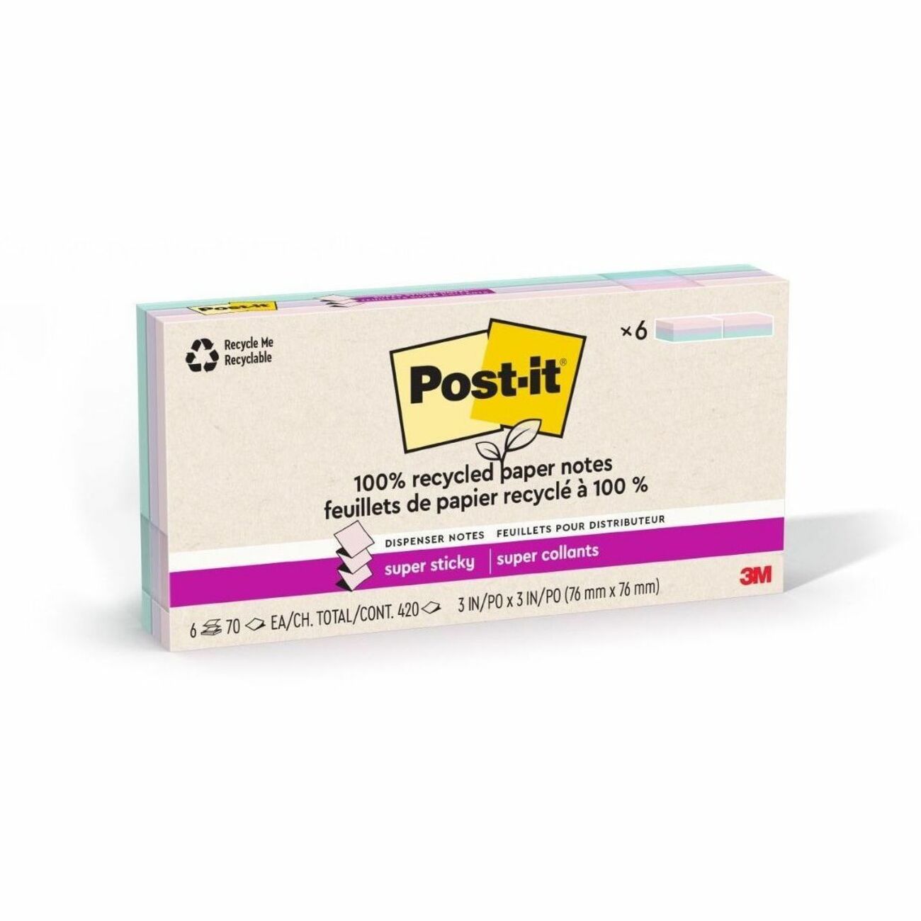Post-it Super Sticky Adhesive Notes, 3" x 3", 70 Sheets per Pad, Assorted Wanderlust Pastel, Removable, Repositionable, Recyclable, Pop-up, 12 Pads per Pack, 420 Notes Total