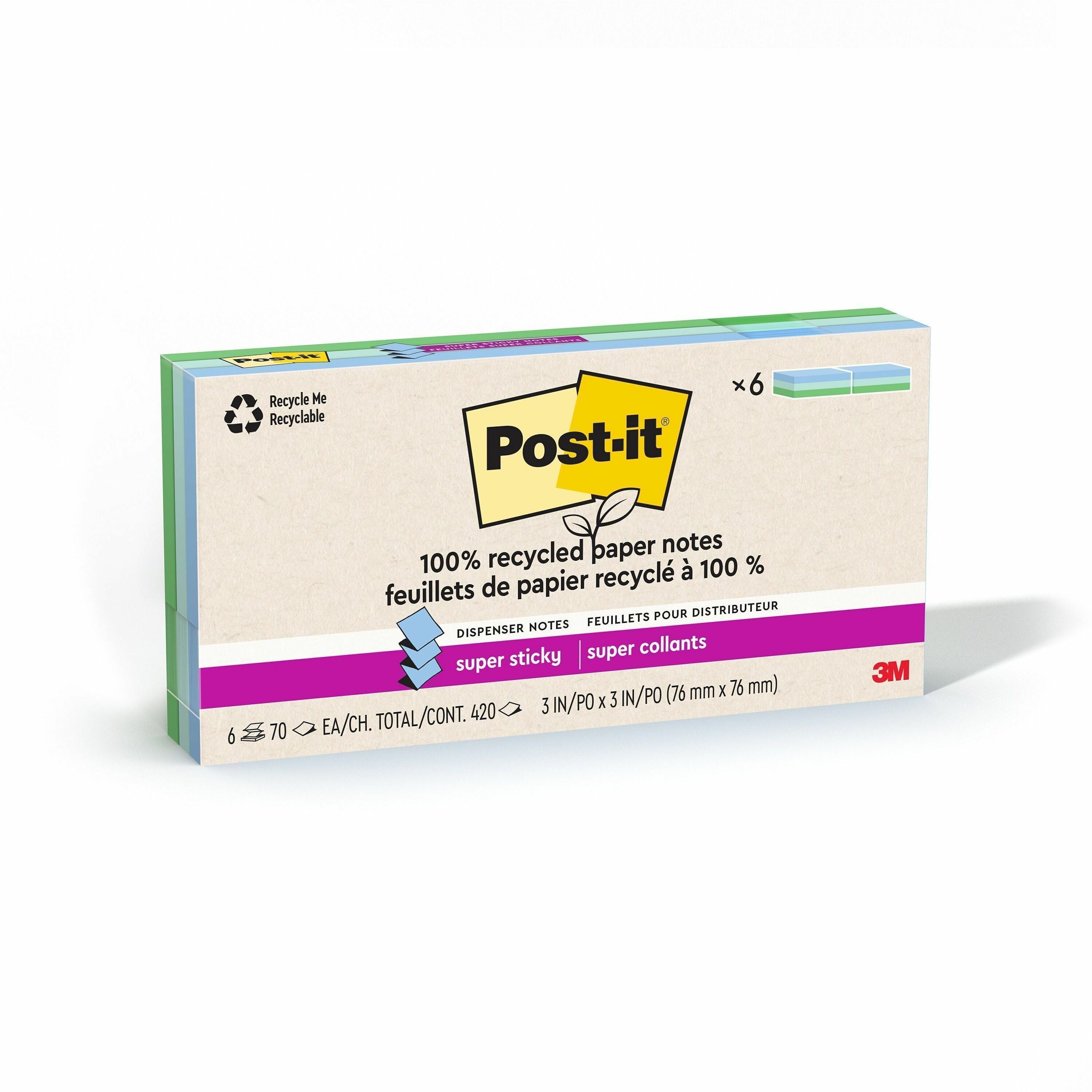 Post-it Super Sticky Adhesive Notes, 3" x 3", Assorted Oasis Colors, 70 Sheets per Pad, 6 Pads per Pack, Recycled, Removable, Repositionable, Pop-up, Square Shape