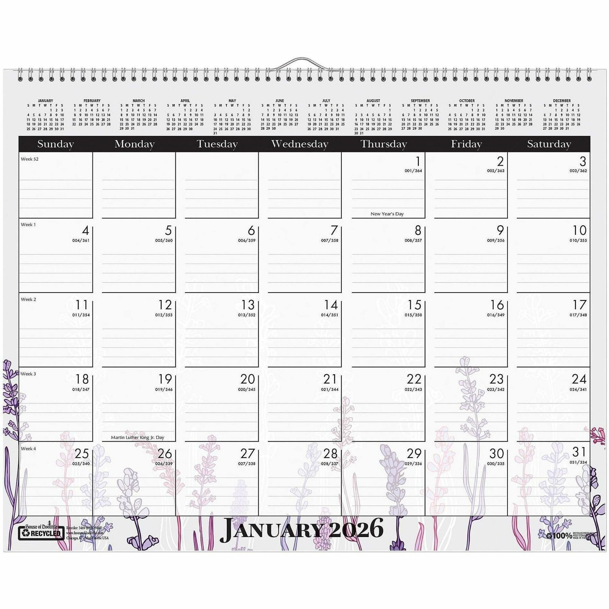 Julian Dates - Monthly - 12 Month - January to December - 12" x 15" Sheet Size - Wire Bound - Desk - Wall Mount - Multi - Paper - Hanger, Printed - 1 Each