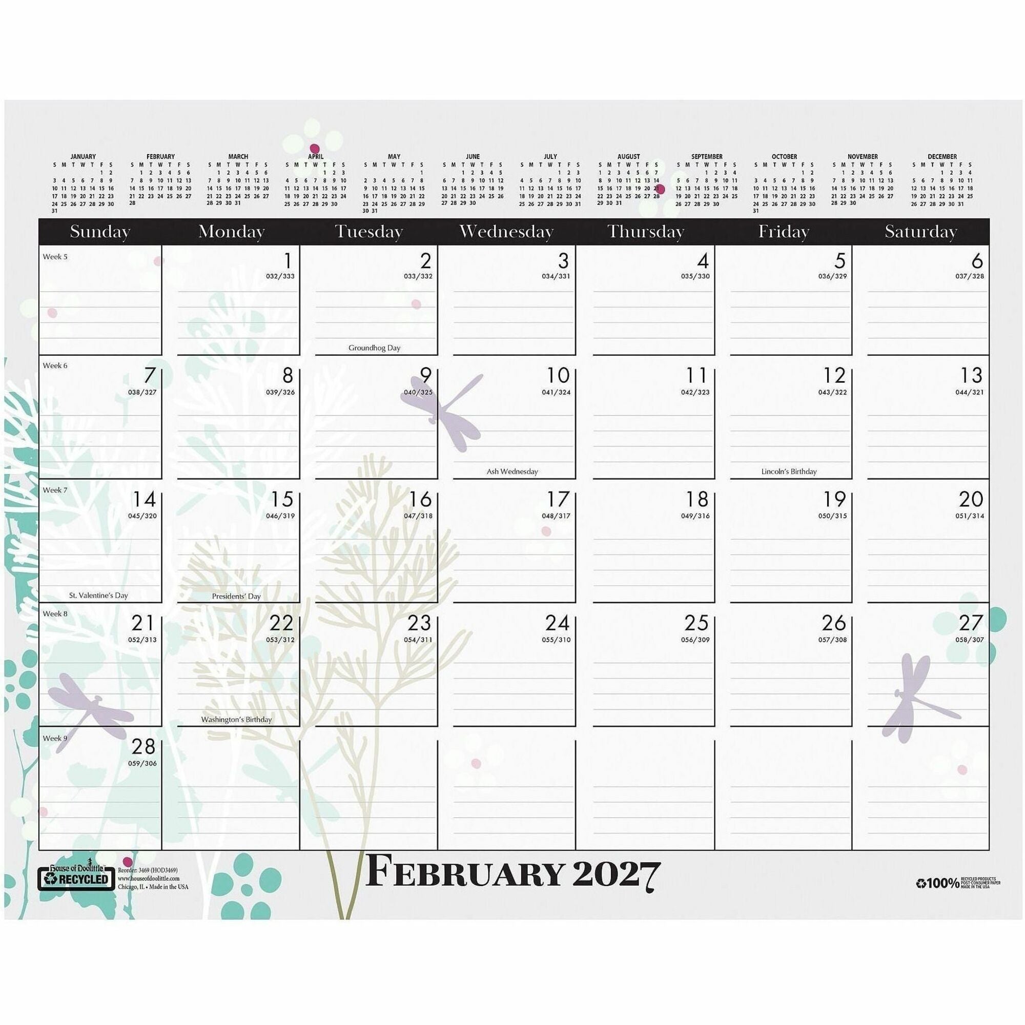 Julian Dates - Monthly - 12 Month - January to December - 12" x 15" Sheet Size - Wire Bound - Desk - Wall Mount - Multi - Paper - Hanger, Printed - 1 Each