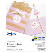 Avery Easy Peel Multipurpose Labels, 2" Diameter, Round, Matte White, Permanent Adhesive, Inkjet/Laser Compatible, 12 Labels/Sheet, 10 Sheets, 120 Labels/Pack