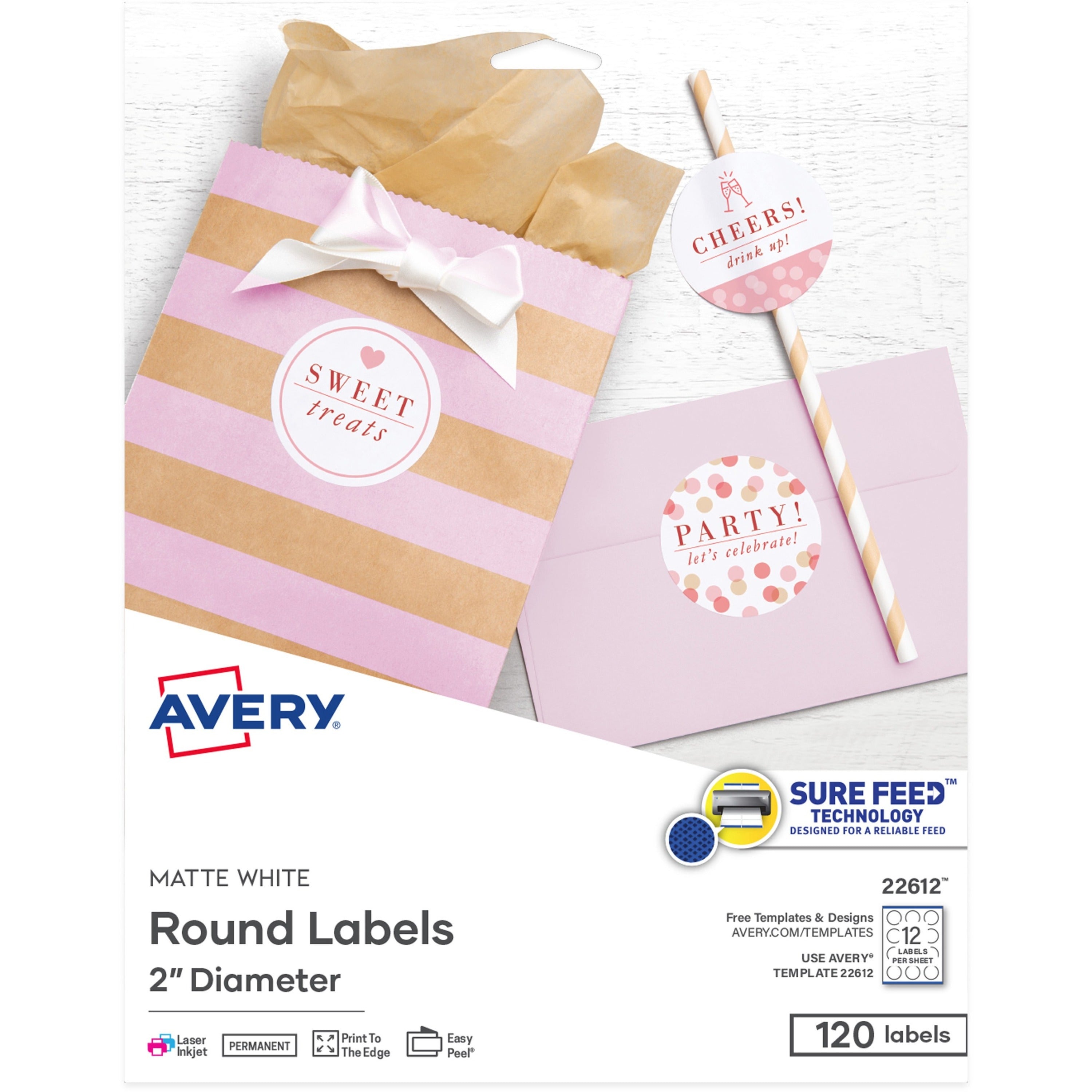 Avery Easy Peel Multipurpose Labels, 2" Diameter, Round, Matte White, Permanent Adhesive, Inkjet/Laser Compatible, 12 Labels/Sheet, 10 Sheets, 120 Labels/Pack