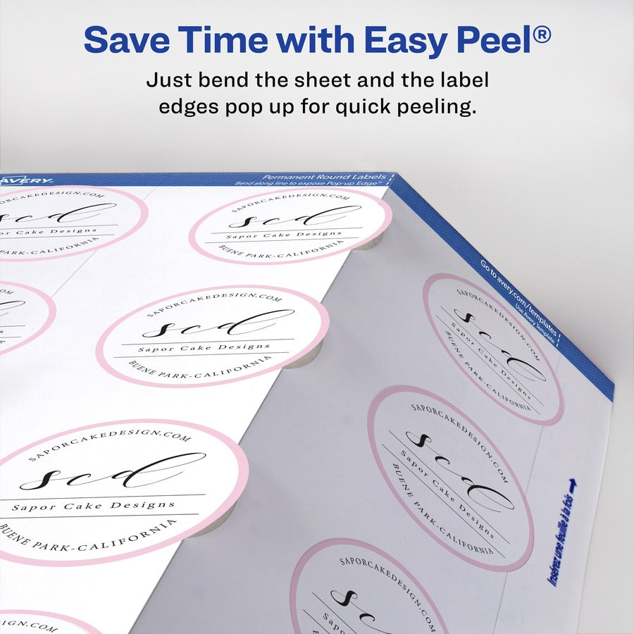 Avery Easy Peel Multipurpose Labels, 2" Diameter, Round, Matte White, Permanent Adhesive, Inkjet/Laser Compatible, 12 Labels/Sheet, 10 Sheets, 120 Labels/Pack