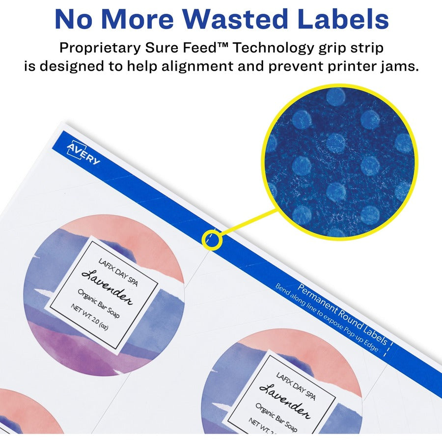 Avery Easy Peel Multipurpose Labels, 2" Diameter, Round, Matte White, Permanent Adhesive, Inkjet/Laser Compatible, 12 Labels/Sheet, 10 Sheets, 120 Labels/Pack