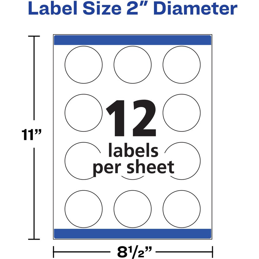 Avery Easy Peel Multipurpose Labels, 2" Diameter, Round, Matte White, Permanent Adhesive, Inkjet/Laser Compatible, 12 Labels/Sheet, 10 Sheets, 120 Labels/Pack
