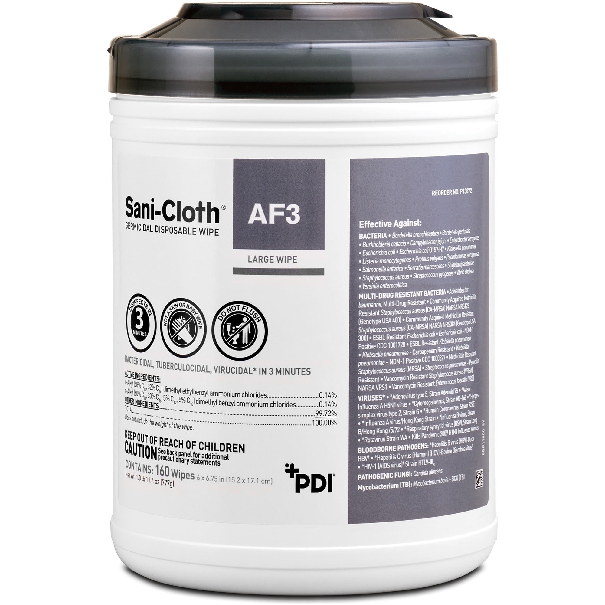 PDI Sani-Cloth AF3 Germicidal Wipes - 6.75" Length x 6" Width - Alcohol-free, Bleach-free, Virucidal, Fungicide, Fragrance-free, Disposable, Phenol-free, Ammonia-free, Disinfectant, Pre-moistened, Strong, ... - White - 95/Tub - 1 Each