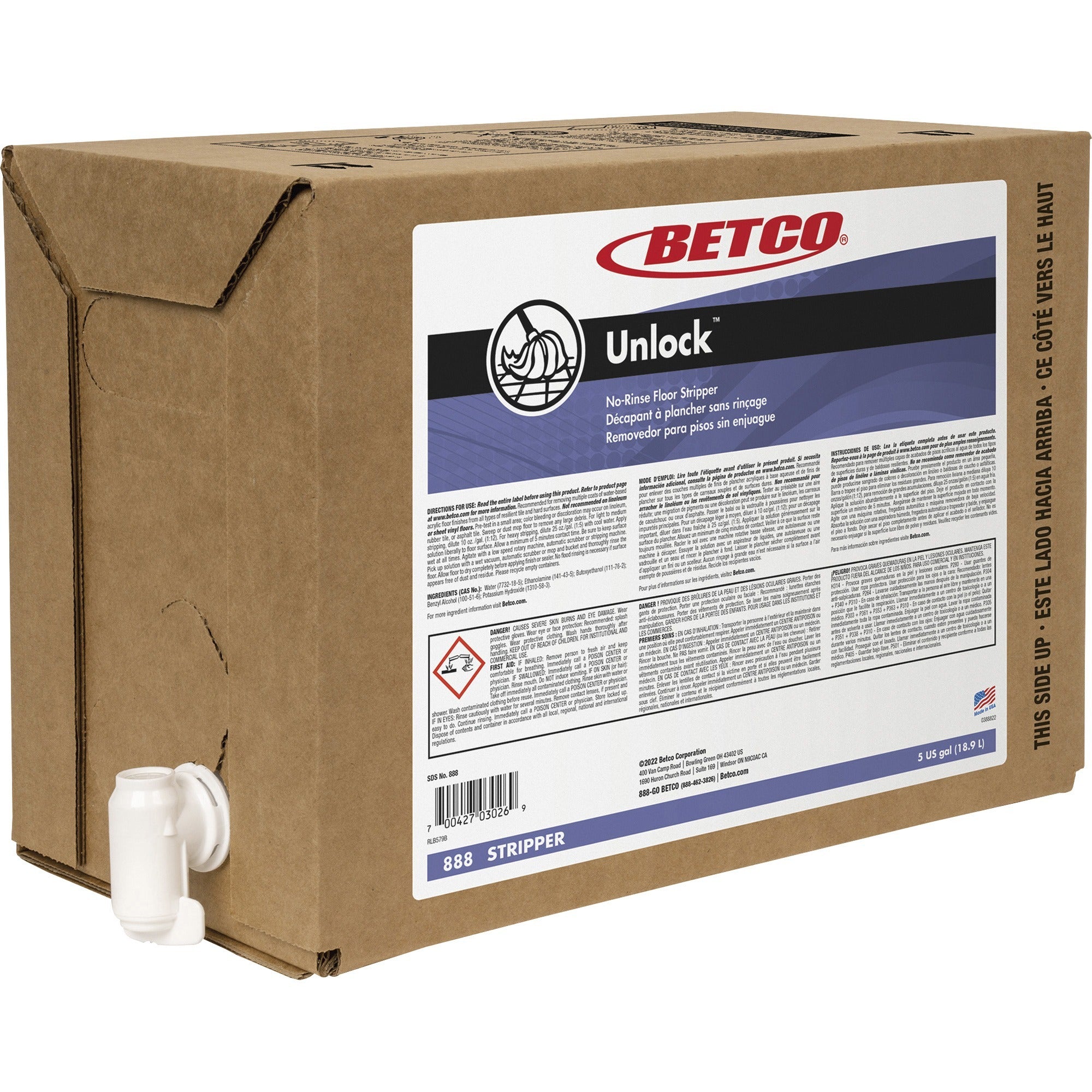 Betco Unlock No-Rinse Floor Stripper - 640 fl oz (20 quart) - Fast Acting, Low Foaming - Clear - 1 Each