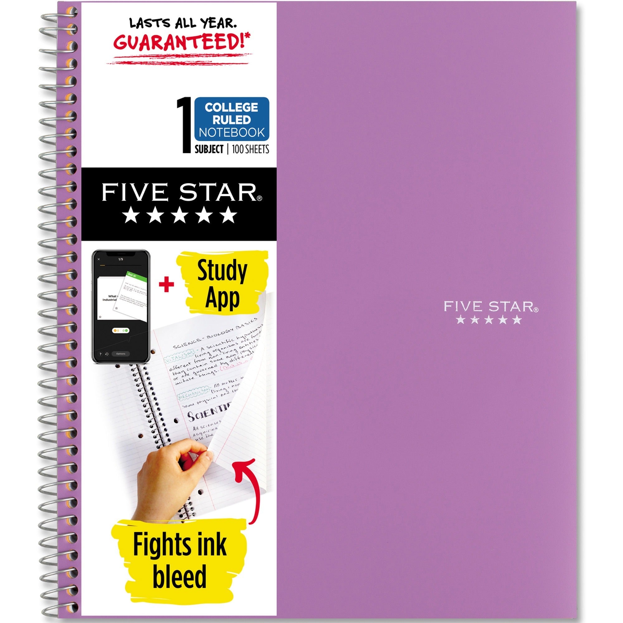 Five Star Wirebound Notebook, 1 Subject, 100 College Ruled Pages, 8.5" x 11", Purple Cover, Double Sided Sheets, Durable, Water Resistant, Tear Proof, Spill Resistant, Pocket, 1 Each