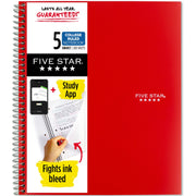 Five Star Wirebound Notebook, 5 Subjects, 200 College Ruled Pages, 8.5" x 11", Red Cover, Double-Sided Sheets, 1 Each