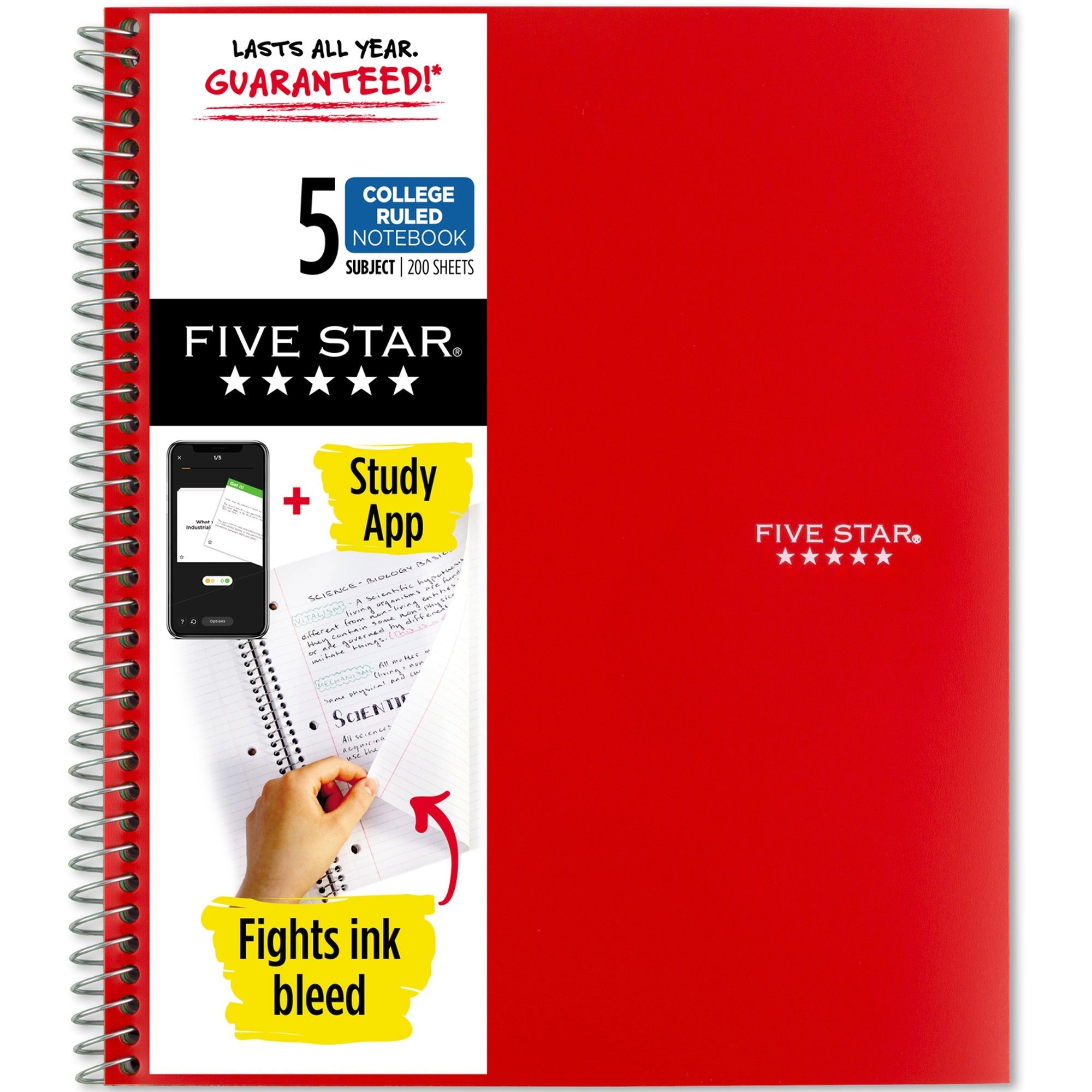 Five Star Wirebound Notebook, 5 Subjects, 200 College Ruled Pages, 8.5" x 11", Red Cover, Double-Sided Sheets, 1 Each