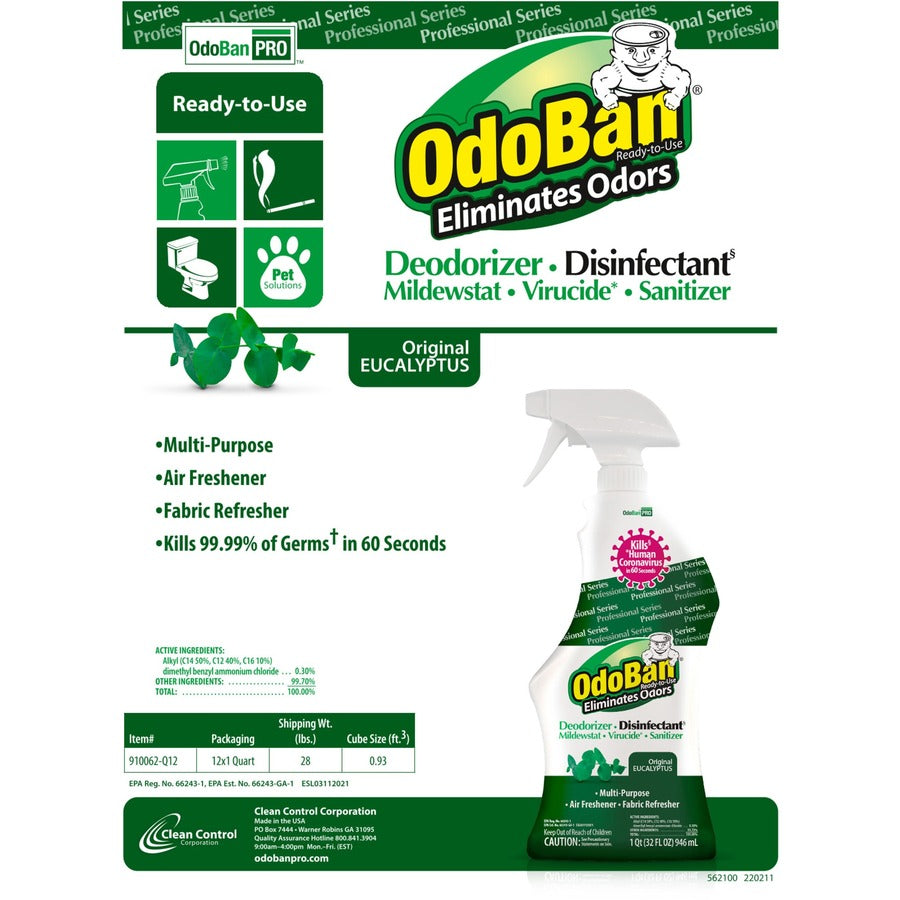 OdoBan Eucalyptus Deodorizer Disinfectant Spray - Ready-To-Use - 32 fl oz (1 quart) - Original Eucalyptus Scent - Deodorize, Residue-free, Freshen, Mildewstatic - Green - 1 Each