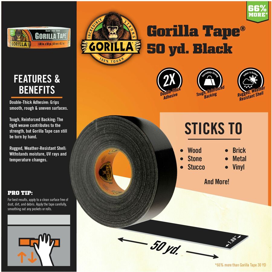 Gorilla Tape - 50 yd Length x 1.88" Width - Black - 1 Roll