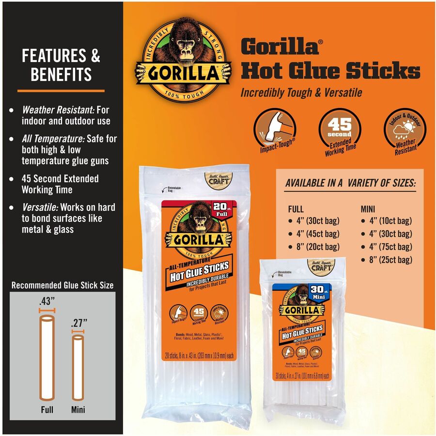 Gorilla Mini Hot Glue Sticks, Clear, 1 Pack