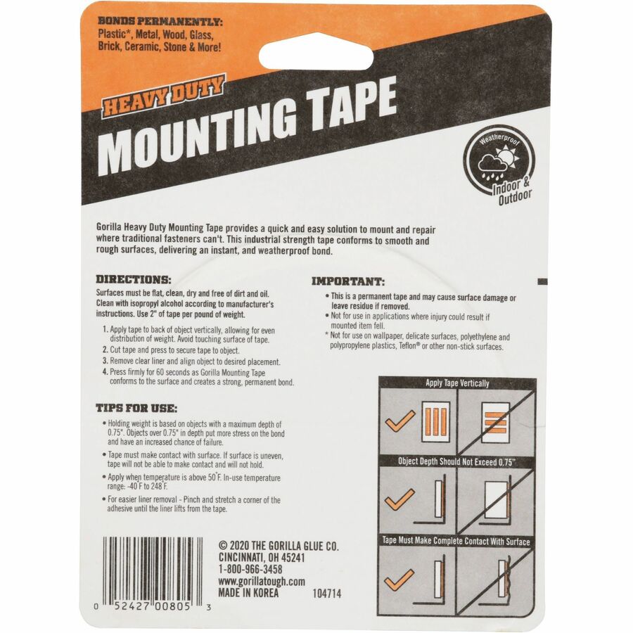 Gorilla Heavy Duty Mounting Tape - 10 ft Length x 1" Width - Black - 1 Each