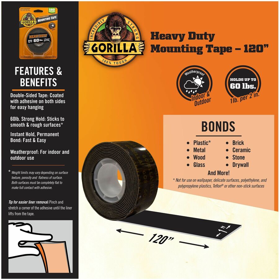 Gorilla Heavy Duty Mounting Tape - 10 ft Length x 1" Width - Black - 1 Each