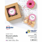 x 3" Diameter - Permanent Adhesive - Round - Glossy - White - Paper - Jam-free, Stick & Stay, Smudge Proof, Foldable - 6 / Sheet - 10 Total Sheets - 60 Total Label(s) - For Label Printer - 60 / Pack