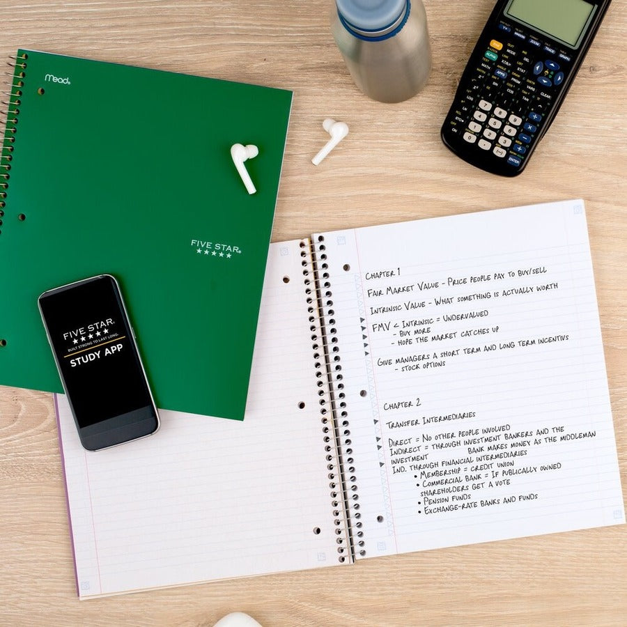Five Star Wirebound Notebook, 1 Subject, 100 Sheets, Letter Size 8.5" x 11", Forest Green Plastic Cover, Double Sided, Perforated, Storage Pocket, Water Resistant, Spiral Lock, 1 Each