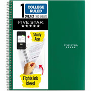 Five Star Wirebound Notebook, 1 Subject, 100 Sheets, Letter Size 8.5" x 11", Forest Green Plastic Cover, Double Sided, Perforated, Storage Pocket, Water Resistant, Spiral Lock, 1 Each