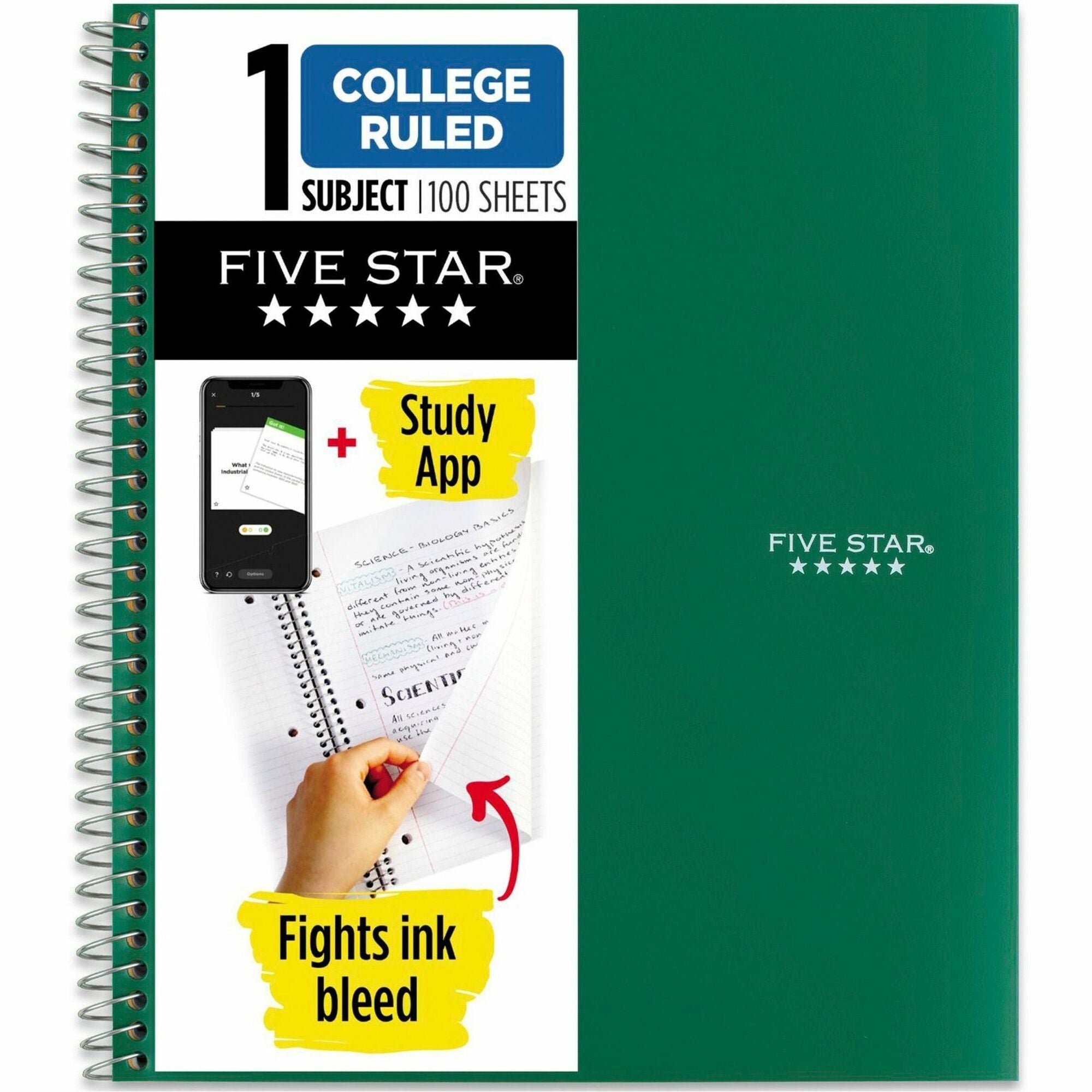 Five Star Wirebound Notebook, 1 Subject, 100 Sheets, Letter Size 8.5" x 11", Forest Green Plastic Cover, Double Sided, Perforated, Storage Pocket, Water Resistant, Spiral Lock, 1 Each