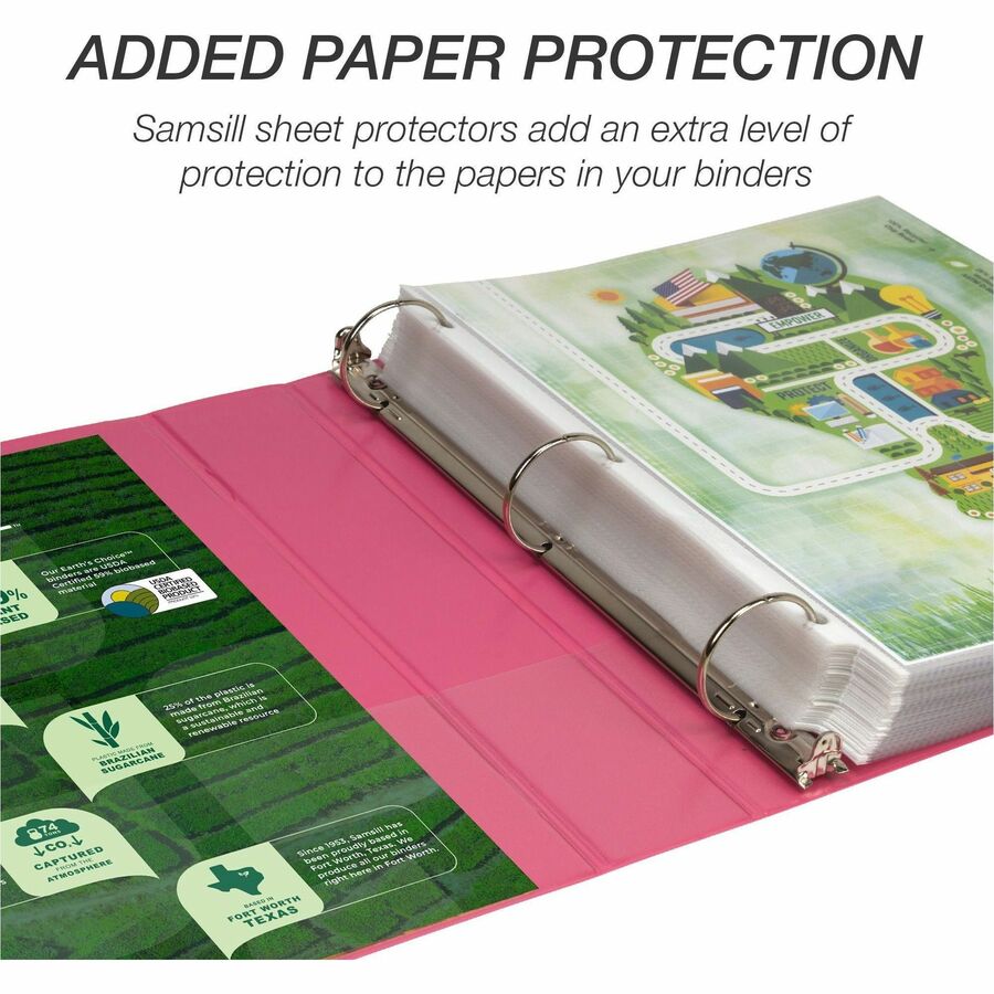 Samsill Earth's Choice Plant-based View Binders, 1 1/2" Capacity, 3 Round Rings, Letter Size, Berry, Bio-based, Recycled, PVC-free, Non-stick, Clear Overlay, 2 Pack