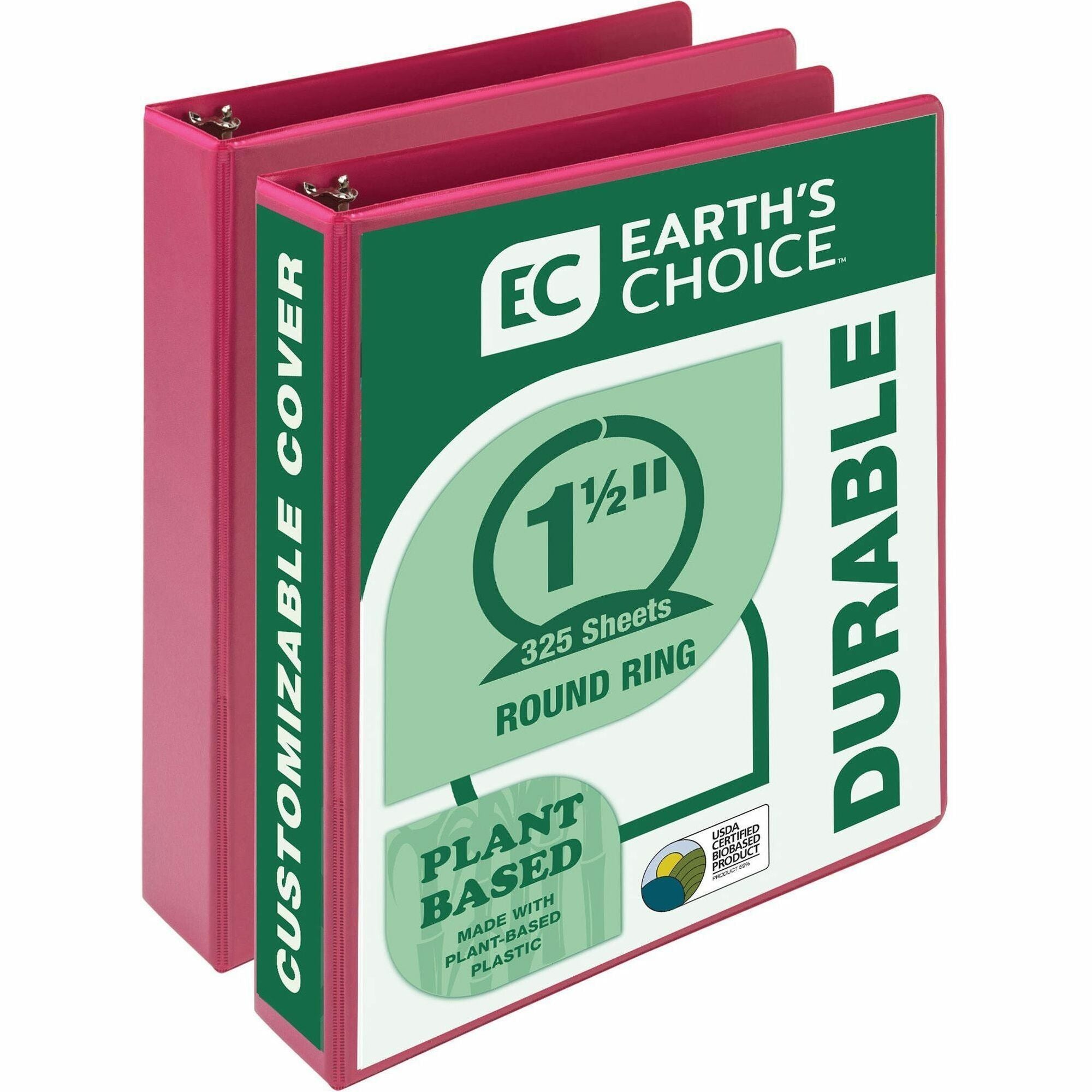 Samsill Earth's Choice Plant-based View Binders, 1 1/2" Capacity, 3 Round Rings, Letter Size, Berry, Bio-based, Recycled, PVC-free, Non-stick, Clear Overlay, 2 Pack
