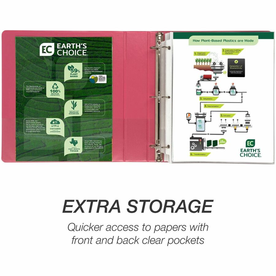 Samsill Earth's Choice Plant-based View Binders, 1 1/2" Capacity, 3 Round Rings, Letter Size, Berry, Bio-based, Recycled, PVC-free, Non-stick, Clear Overlay, 2 Pack