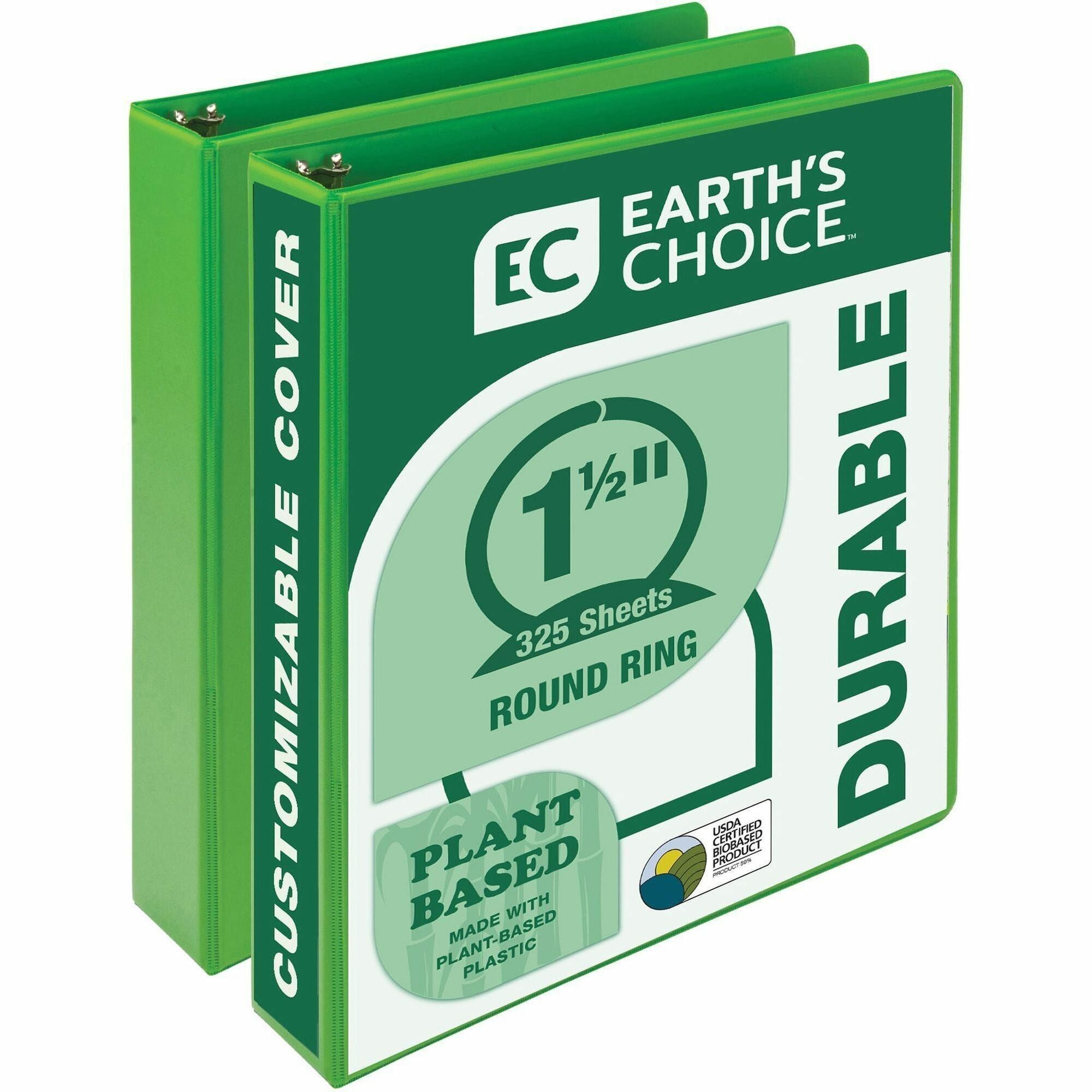 Samsill Earth's Choice Plant-based View Binders, 1 1/2" Capacity, 3 Round Rings, Letter Size, Lime, Bio-based, Recycled, PVC-free, Non-stick, Clear Overlay, 2 Pack
