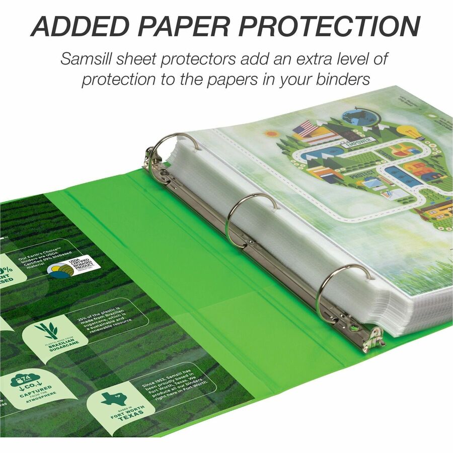 Samsill Earth's Choice Plant-based View Binders, 1 1/2" Capacity, 3 Round Rings, Letter Size, Lime, Bio-based, Recycled, PVC-free, Non-stick, Clear Overlay, 2 Pack
