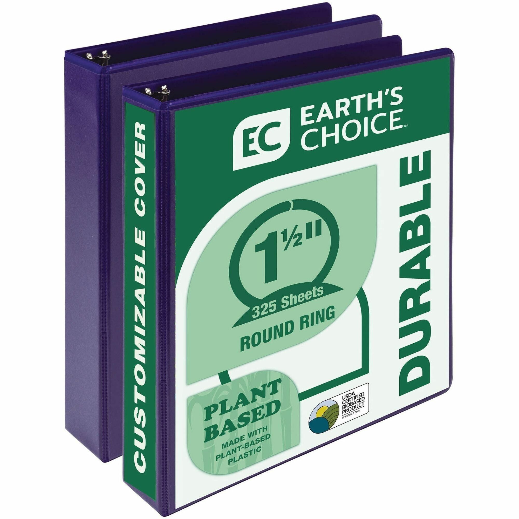 Samsill Earth's Choice Plant-based View Binders, 1 1/2" Capacity, Letter Size, 3 Round Rings, Purple, Recycled, Bio-based, PVC-free, Non-stick, Clear Overlay, 2 Pack