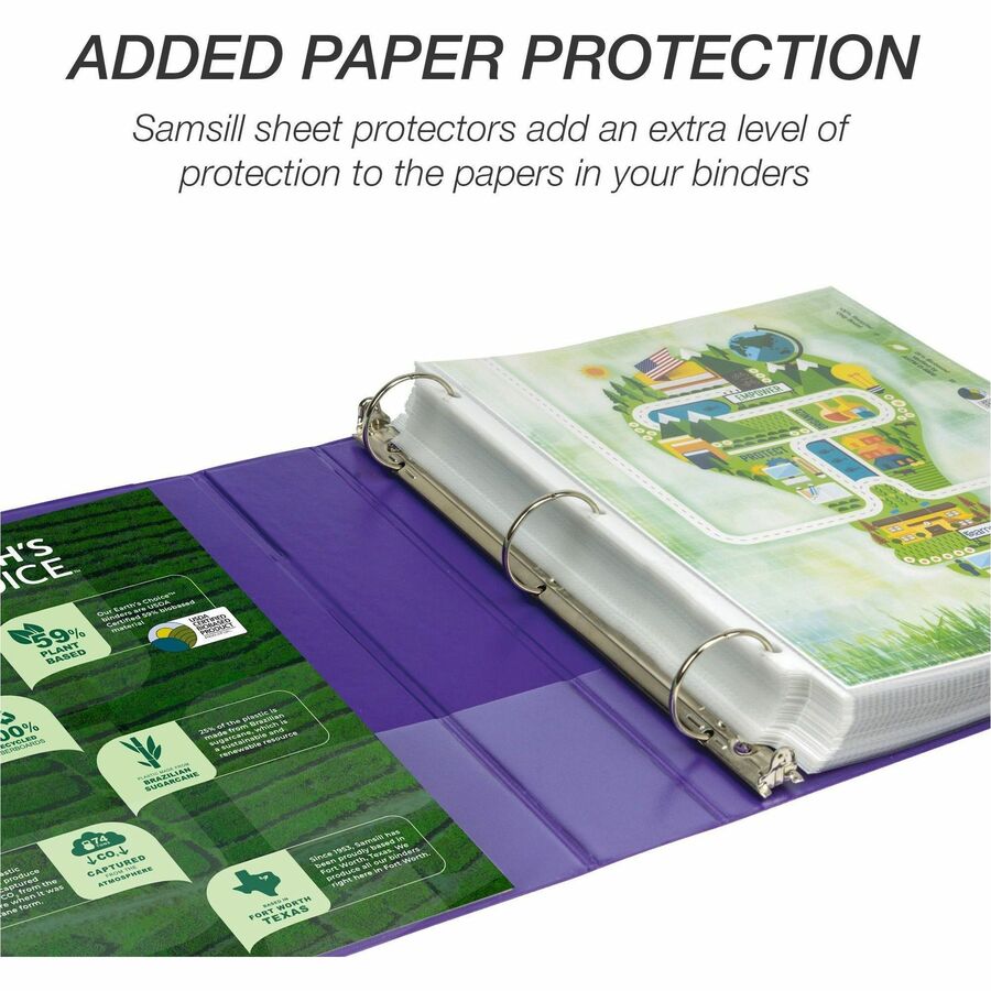 Samsill Earth's Choice Plant-based View Binders, 1 1/2" Capacity, Letter Size, 3 Round Rings, Purple, Recycled, Bio-based, PVC-free, Non-stick, Clear Overlay, 2 Pack