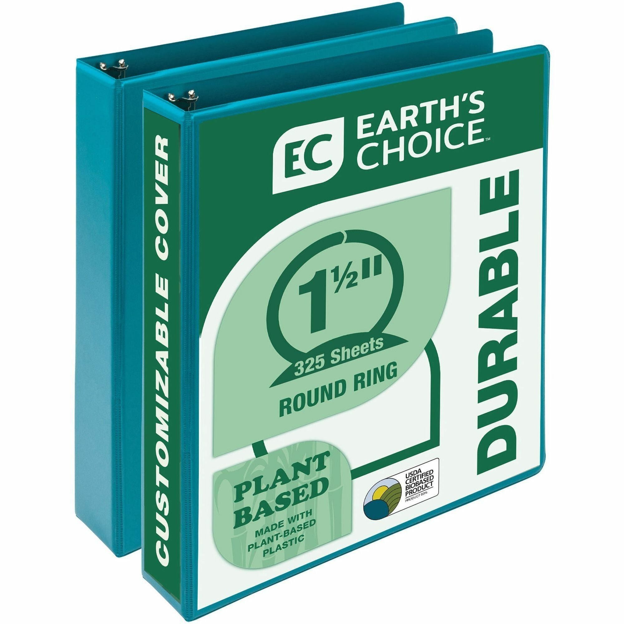 Samsill Earth's Choice Plant-based View Binders, 1 1/2" Capacity, 3 Round Rings, Letter Size, Turquoise, Bio-based, Recycled, PVC-free, Non-stick, Clear Overlay, 2 Pack