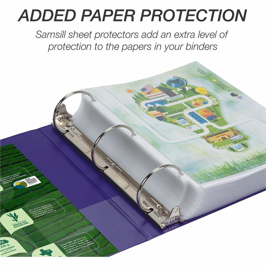 Samsill Earth's Choice Plant-based View Binders, 3" Capacity, Letter Size, 3 Round Rings, Purple, Durable, Clear Overlay, Non-glare, PVC-free, Non-stick, Recycled, 2 Pack
