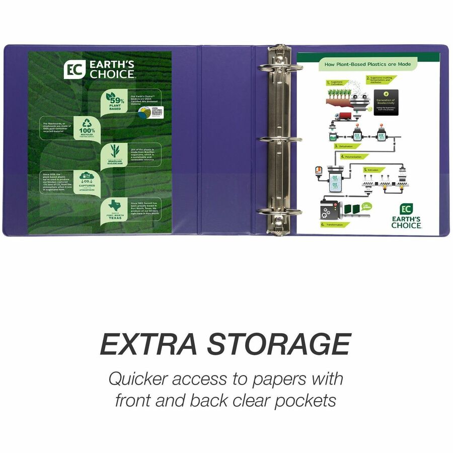 Samsill Earth's Choice Plant-based View Binders, 3" Capacity, Letter Size, 3 Round Rings, Purple, Durable, Clear Overlay, Non-glare, PVC-free, Non-stick, Recycled, 2 Pack