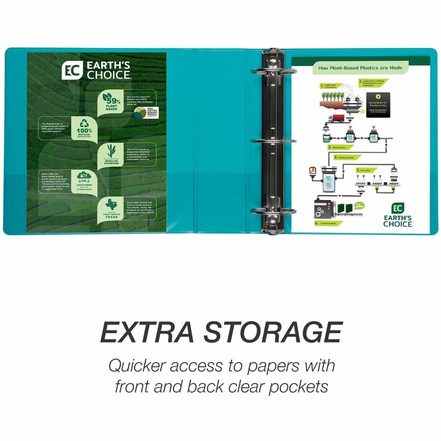 Samsill Earth's Choice Plant-based View Binders, 3" Capacity, Letter Size, 3 Round Rings, 2 Pockets, Turquoise, PVC-free, Non-glare, Durable, 2 Pack