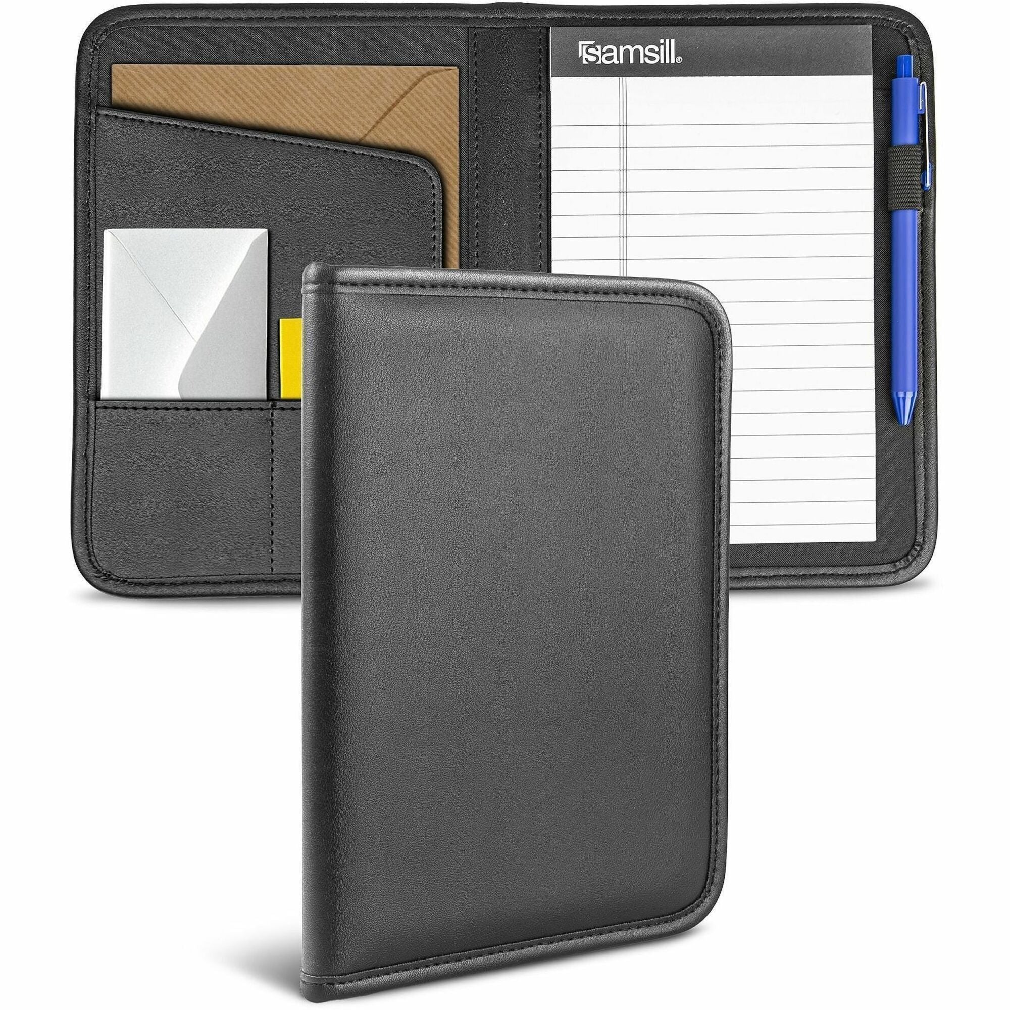 Samsill Professional Padfolio, Letter Size 8.5" x 11", 4 Internal Pockets, Synthetic Leather/PVC, Black, Padded, Stitched, Pen Loop, Notepad, Document Pocket, Business Card Holder, Refillable, 1 Each