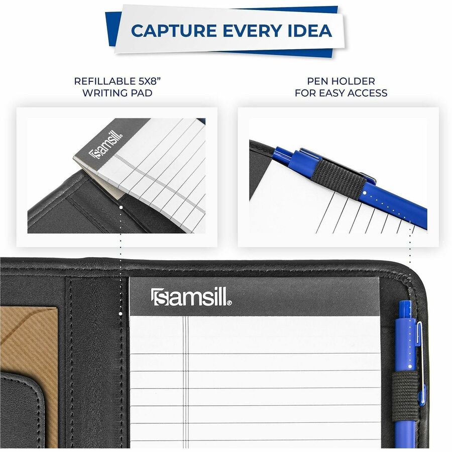 Samsill Professional Padfolio, Letter Size 8.5" x 11", 4 Internal Pockets, Synthetic Leather/PVC, Black, Padded, Stitched, Pen Loop, Notepad, Document Pocket, Business Card Holder, Refillable, 1 Each