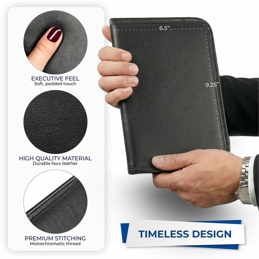 Samsill Professional Padfolio, Letter Size 8.5" x 11", 4 Internal Pockets, Synthetic Leather/PVC, Black, Padded, Stitched, Pen Loop, Notepad, Document Pocket, Business Card Holder, Refillable, 1 Each
