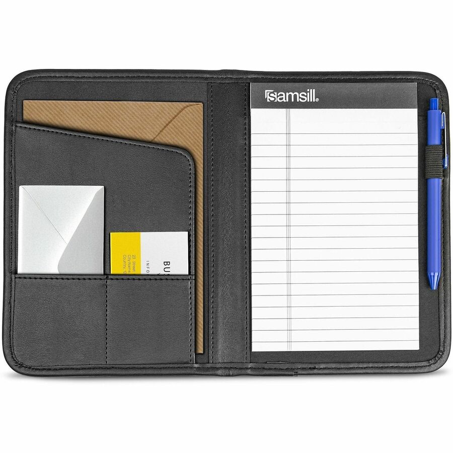 Samsill Professional Padfolio, Letter Size 8.5" x 11", 4 Internal Pockets, Synthetic Leather/PVC, Black, Padded, Stitched, Pen Loop, Notepad, Document Pocket, Business Card Holder, Refillable, 1 Each