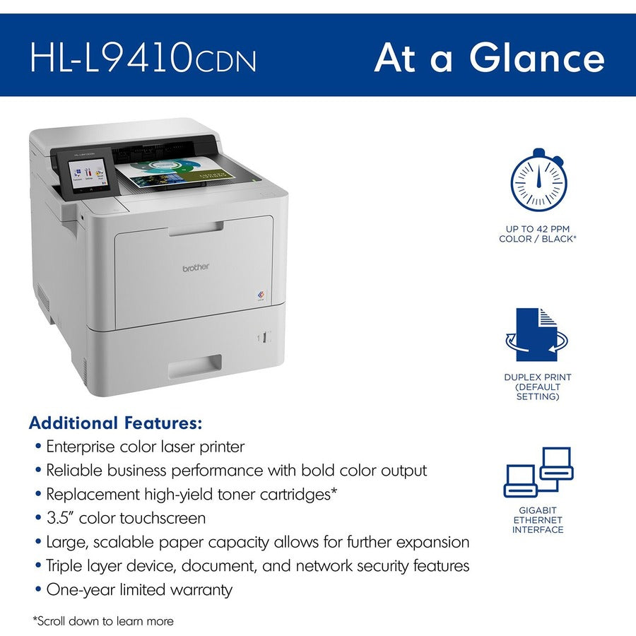 42 ppm Mono / 42 ppm Color - 2400 x 600 dpi Print - Automatic Duplex Print - 620 Sheets Input - Ethernet - Apple AirPrint, Mopria, Wi-Fi Direct, Brother Mobile Connect - 120000 Pages Duty Cycle - Plain Paper Print - Gigabit Ethernet - USB