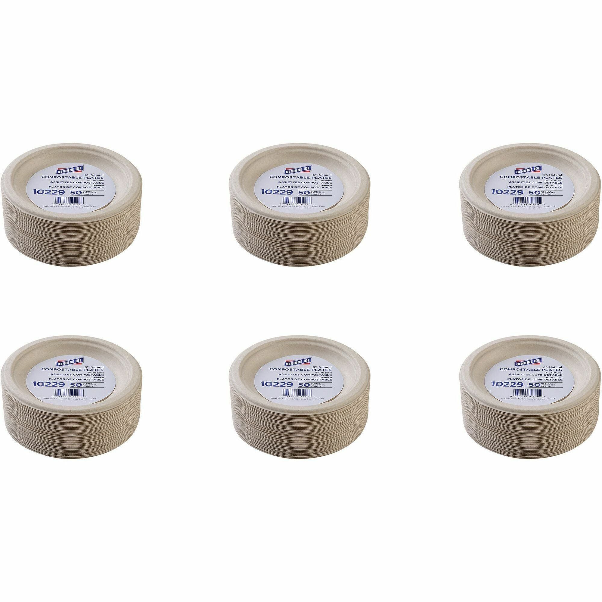 Genuine Joe 6" Compostable Plates, Sugarcane, White/Natural, 50 Plates per Pack, 20 Packs per Carton