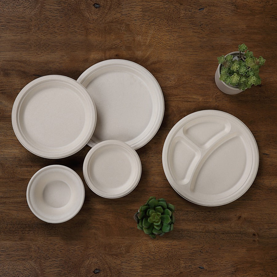 Genuine Joe 6" Compostable Plates, Sugarcane, White/Natural, 50 Plates per Pack, 20 Packs per Carton