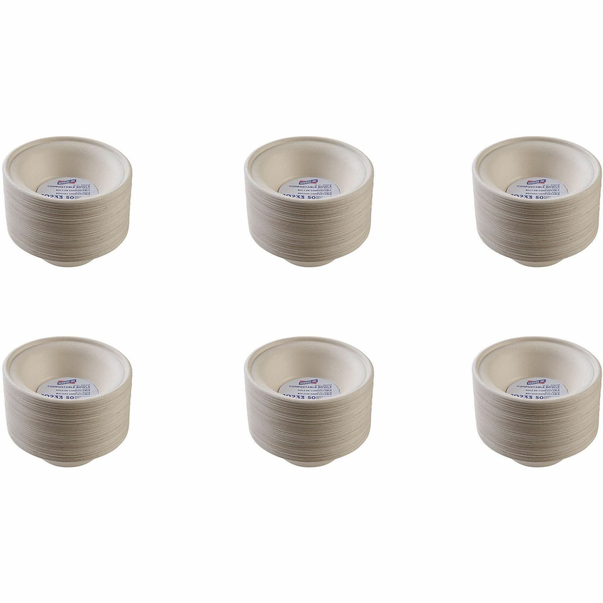 Genuine Joe 12 oz Compostable Bowls, Sugarcane, White/Natural, 50 Bowls per Pack, 20 Packs per Carton