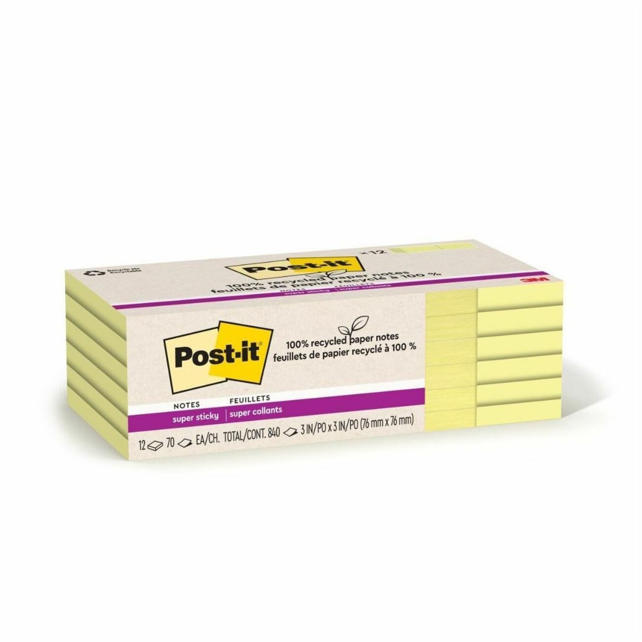Post-it Recycled Super Sticky Notes, 3" x 3", Canary Yellow, 70 Sheets per Pad, 12 Pads per Pack, Square, Adhesive, 100% Recycled Paper
