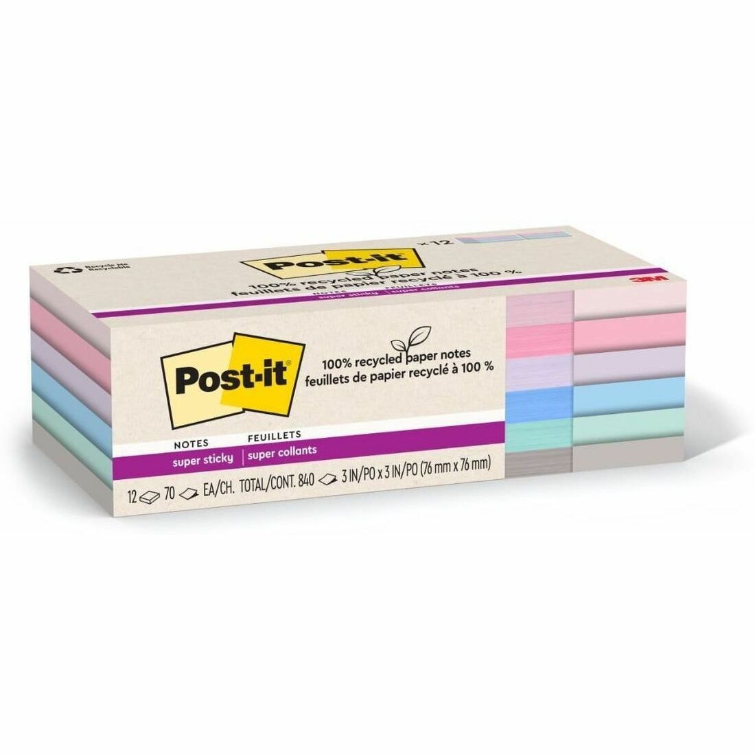 Post-it Recycled Super Sticky Notes, 3" x 3", Square, Wanderlust Pastels, 70 Sheets per Pad, 12 Pads per Pack