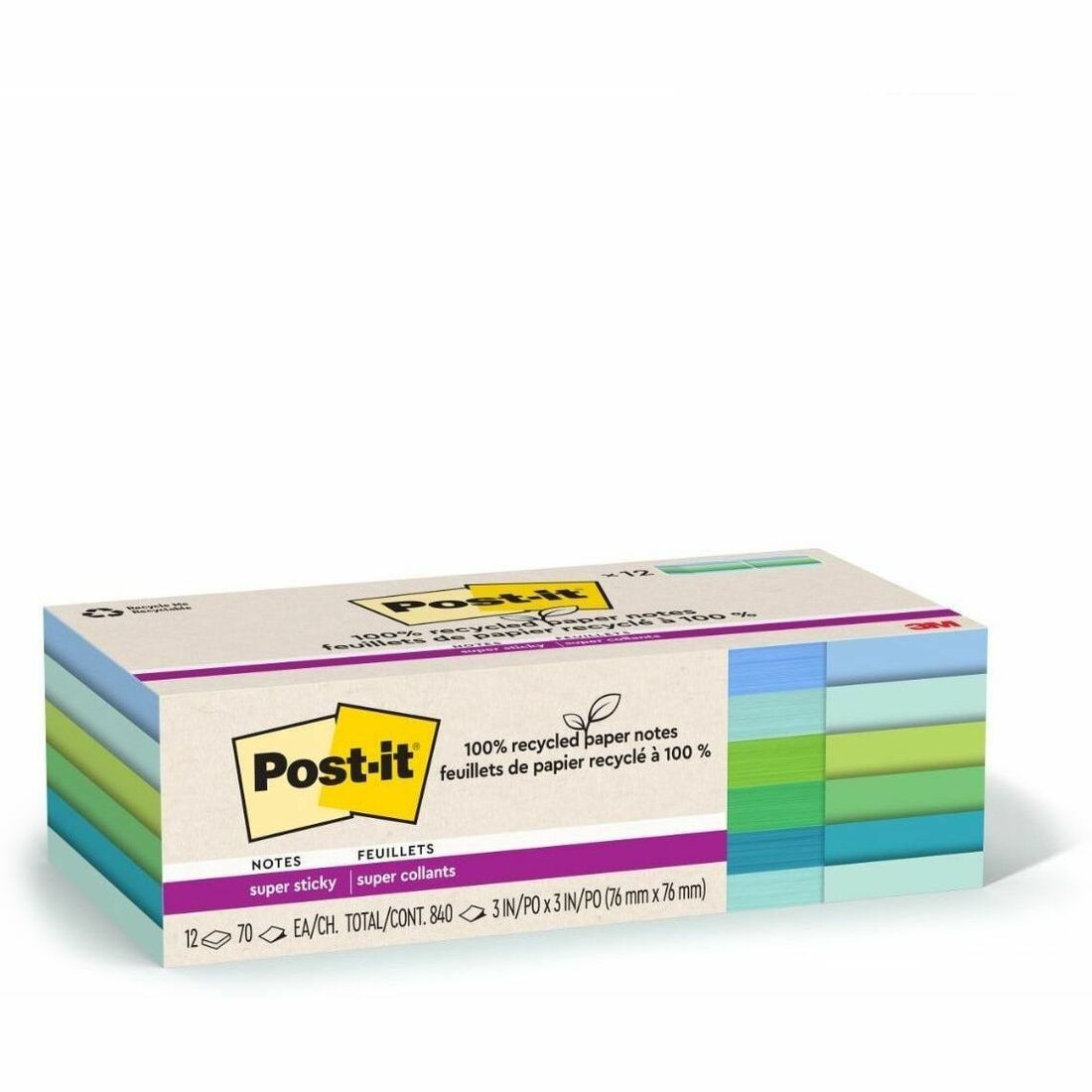 Post-it Recycled Super Sticky Notes, 3" x 3", Square, Assorted Oasis Colors, 70 Sheets per Pad, 12 Pads per Pack