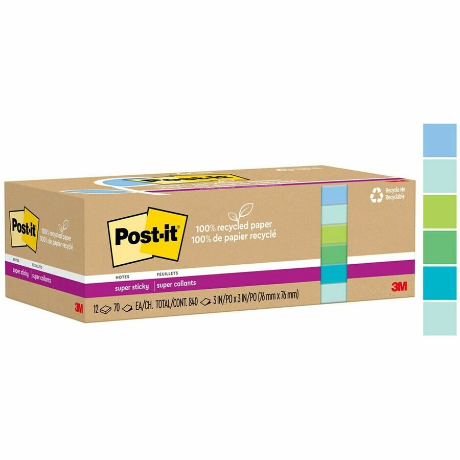 Post-it Recycled Super Sticky Notes, 3" x 3", Square, Assorted Oasis Colors, 70 Sheets per Pad, 12 Pads per Pack