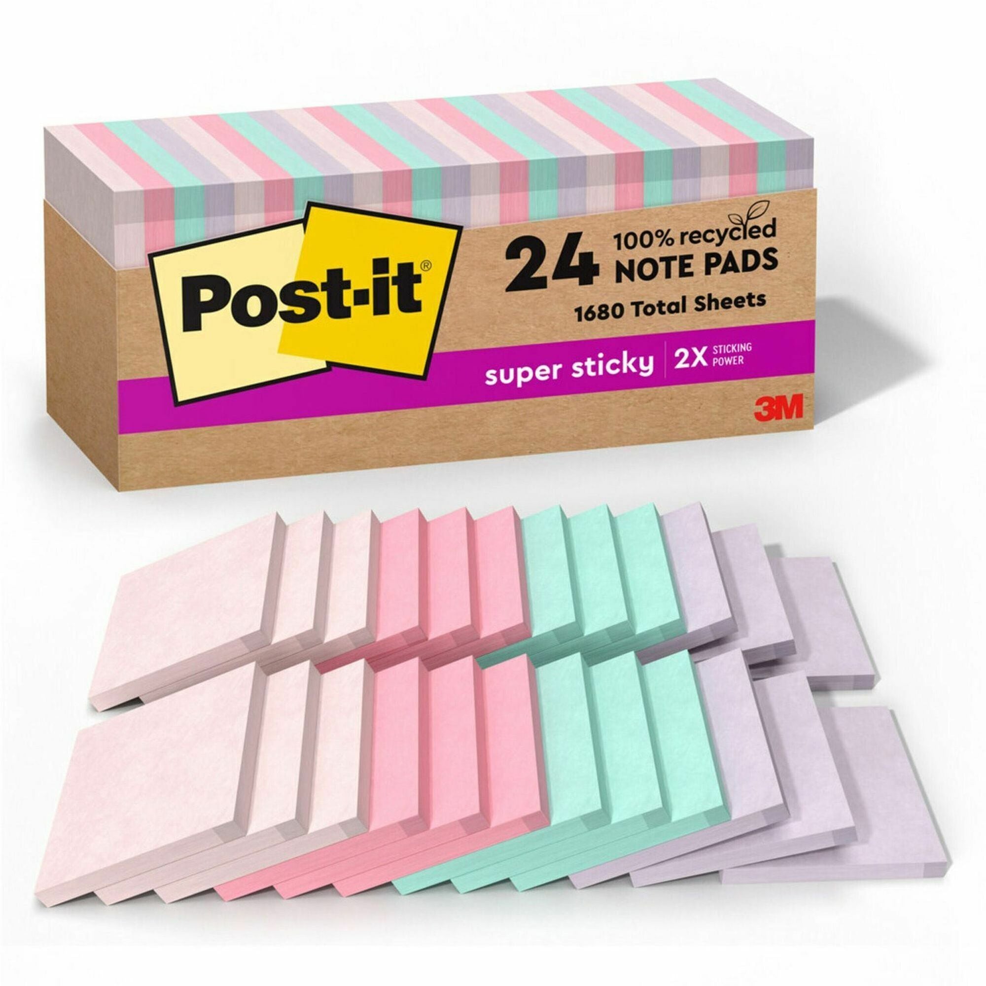 Post-it Recycled Super Sticky Notes, 3" x 3", Square, Wanderlust Pastels, 70 Sheets per Pad, 24 Pads per Pack