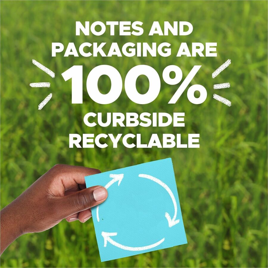 Post-it Recycled Super Sticky Notes, 3" x 3", Assorted Oasis Colors, 70 Sheets per Pad, 24 Pads per Pack, Square, Unruled, 100% Recycled Paper