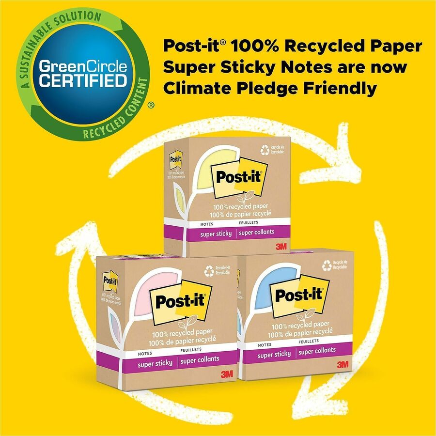 Post-it Recycled Super Sticky Notes, 3" x 3", Assorted Oasis Colors, 70 Sheets per Pad, 24 Pads per Pack, Square, Unruled, 100% Recycled Paper