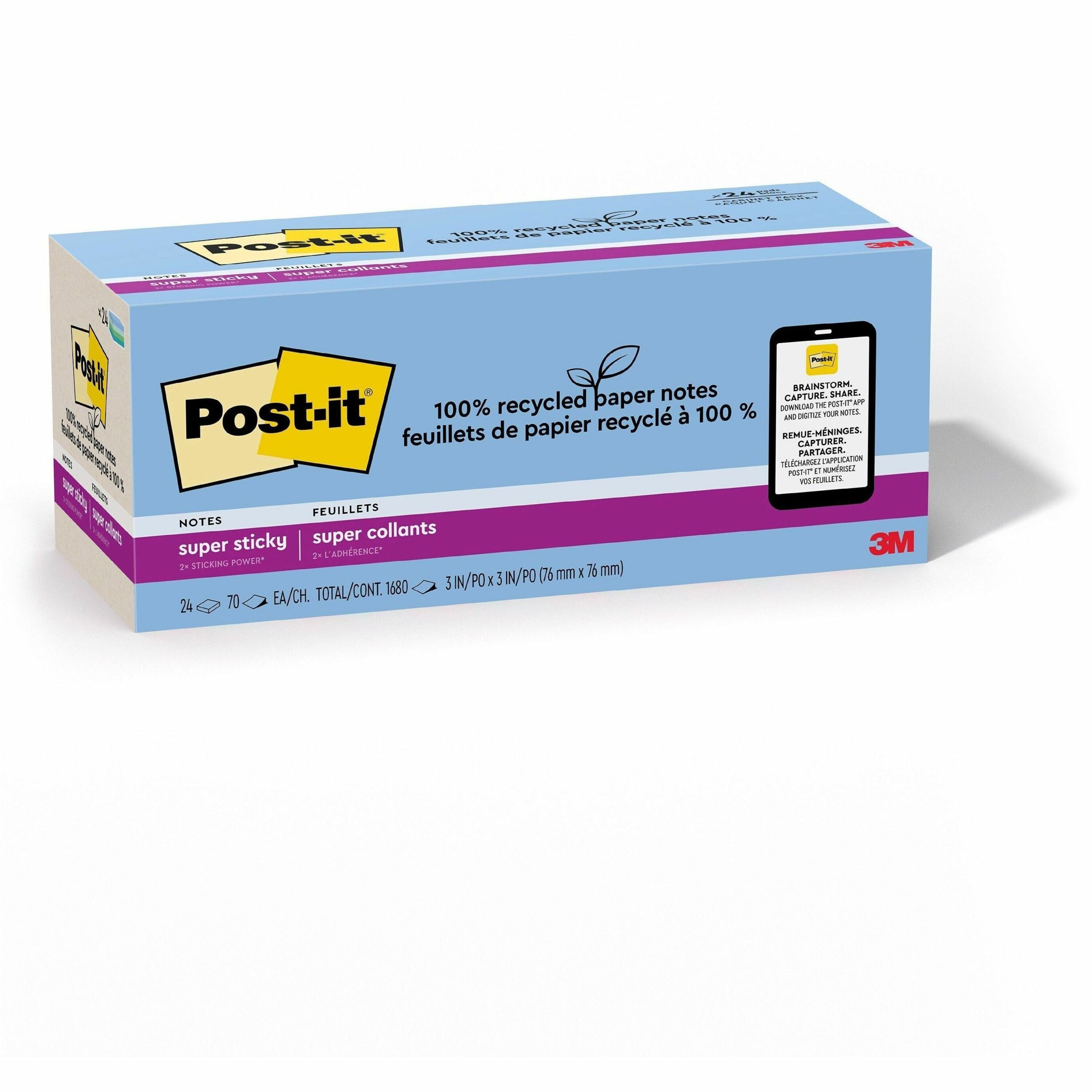 Post-it Recycled Super Sticky Notes, 3" x 3", Assorted Oasis Colors, 70 Sheets per Pad, 24 Pads per Pack, Square, Unruled, 100% Recycled Paper